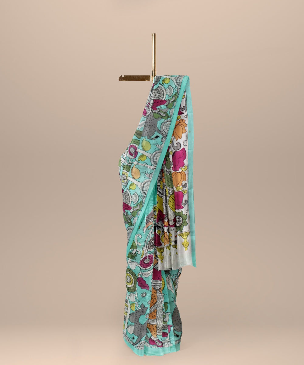 Teal green multicolour silk hand painted kalamkari saree