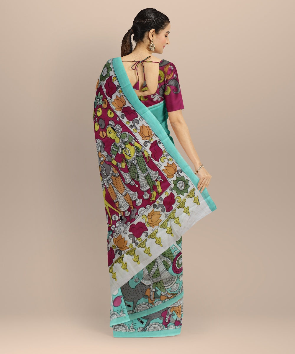 Teal green multicolour silk hand painted kalamkari saree