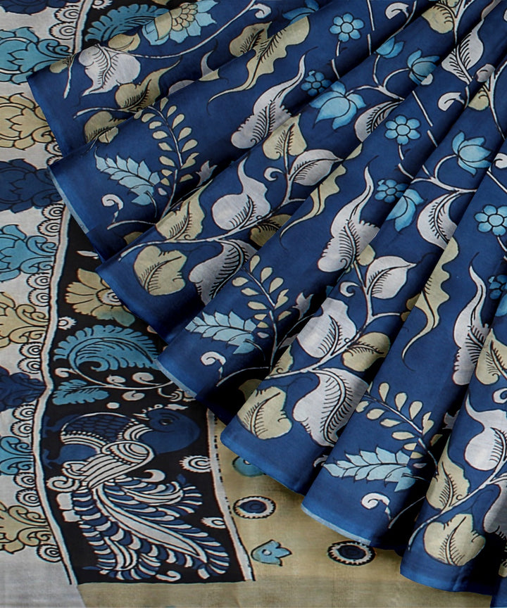 Cyan blue multicolour silk hand painted kalamkari saree