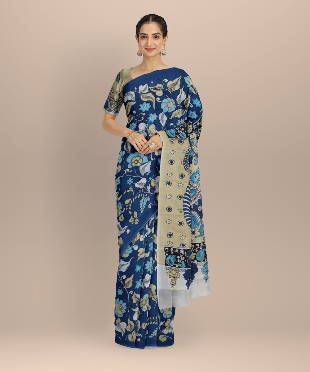 Cyan blue multicolour silk hand painted kalamkari saree