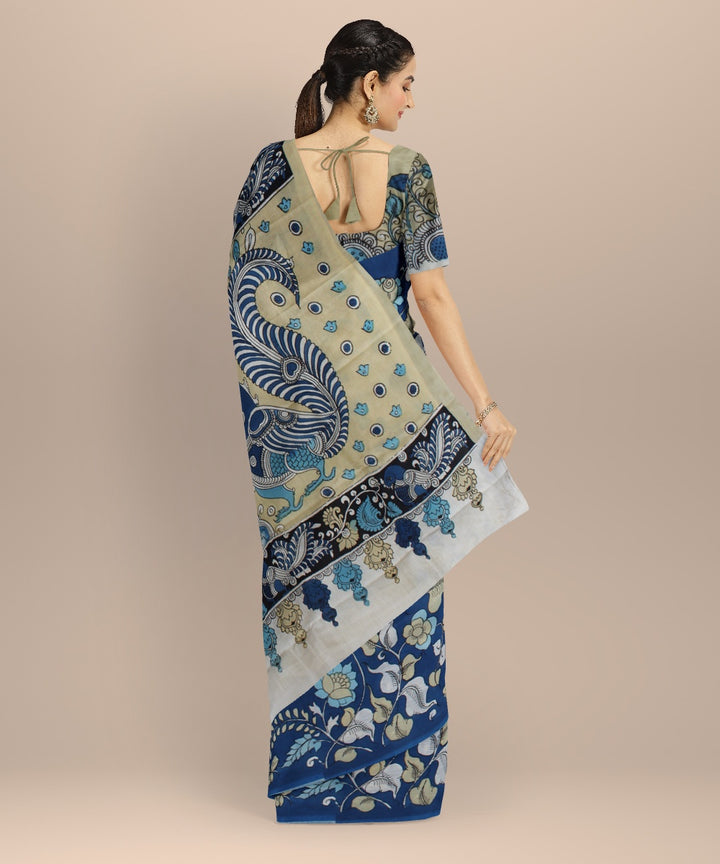 Cyan blue multicolour silk hand painted kalamkari saree