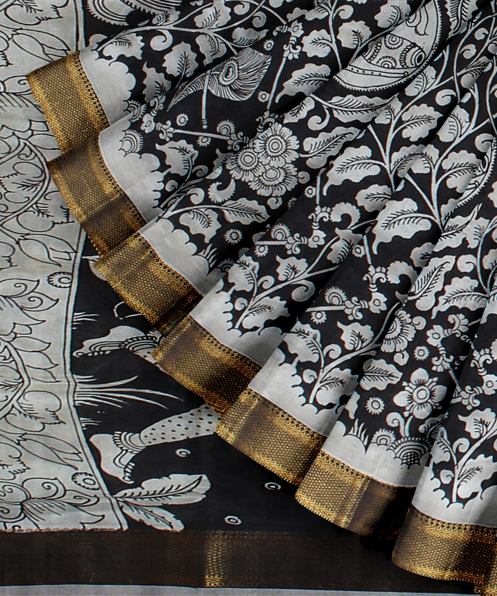 Black offwhite silk hand painted kalamkari saree