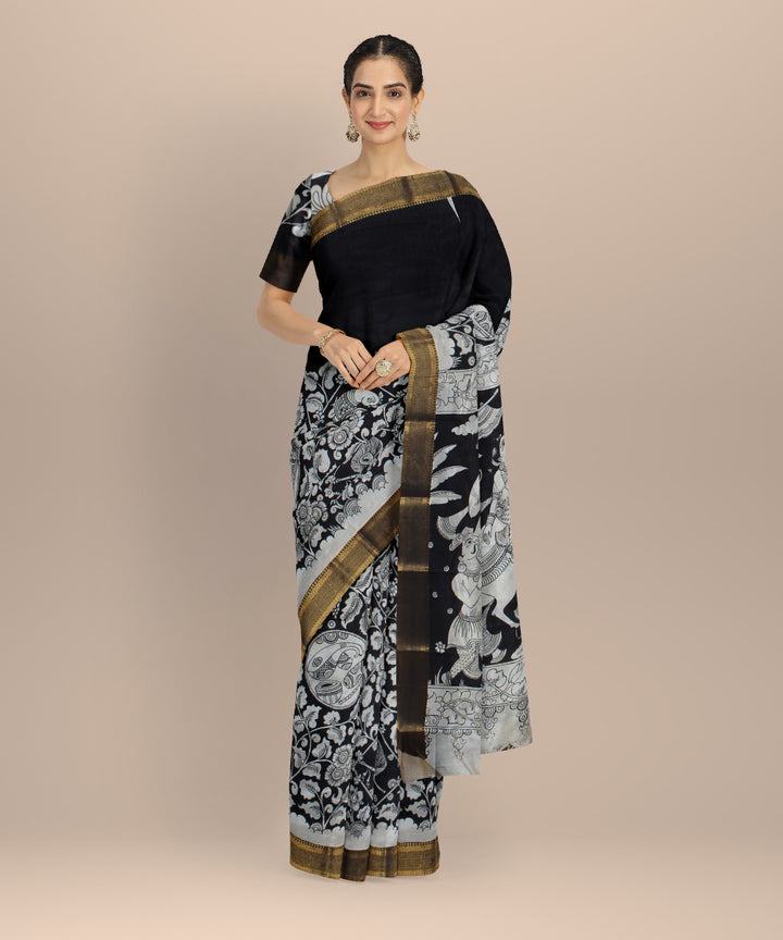 Black offwhite silk hand painted kalamkari saree