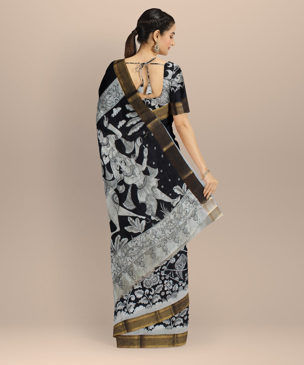 Black offwhite silk hand painted kalamkari saree