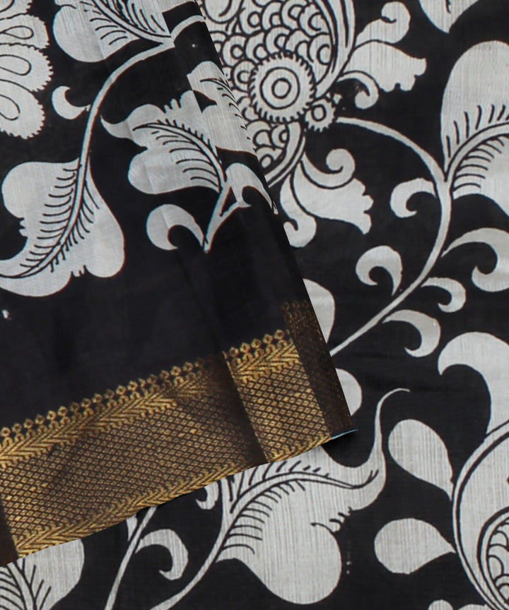 Black offwhite silk hand painted kalamkari saree