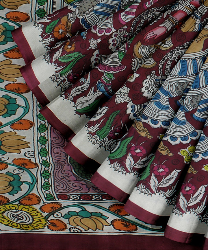 Maroon multicolour silk hand painted kalamkari saree