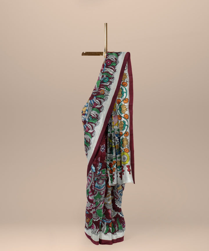 Maroon multicolour silk hand painted kalamkari saree