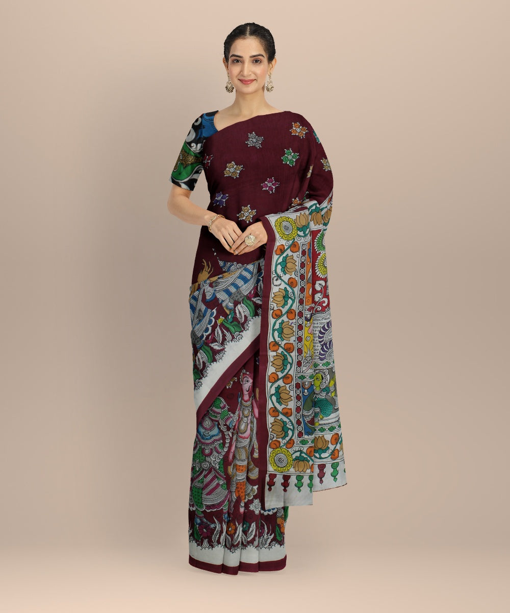 Maroon multicolour silk hand painted kalamkari saree