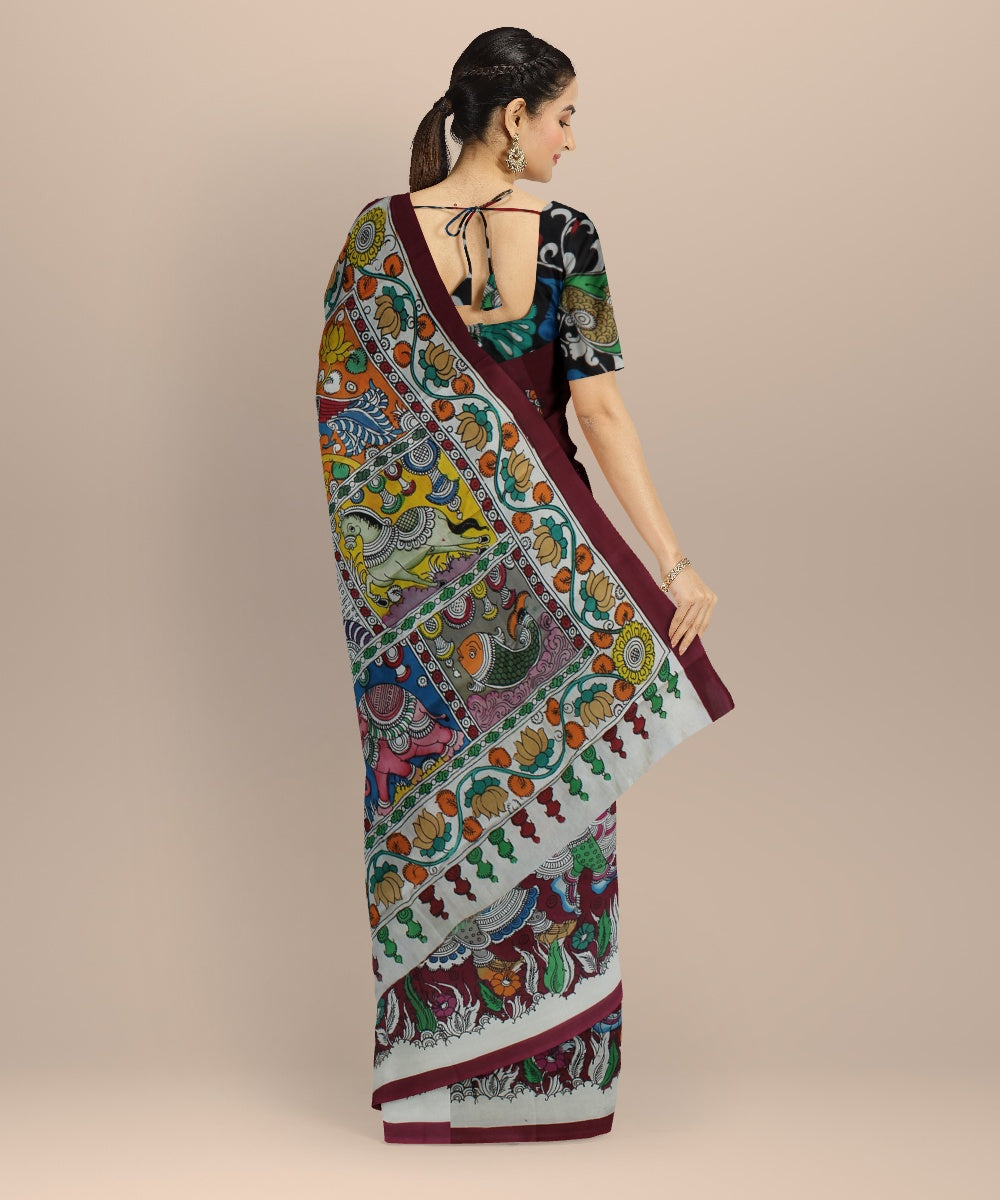 Maroon multicolour silk hand painted kalamkari saree