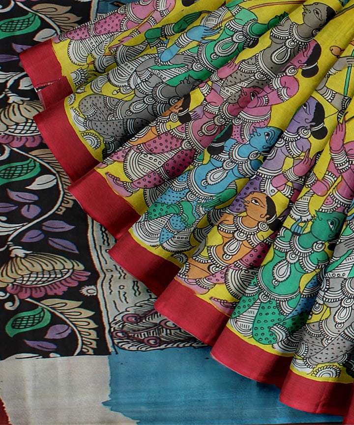 Yellow multicolour silk hand painted kalamkari saree