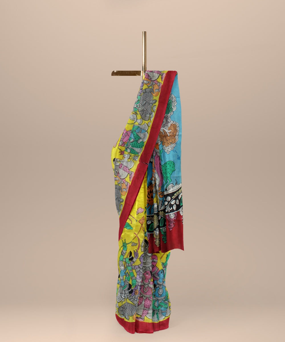 Yellow multicolour silk hand painted kalamkari saree