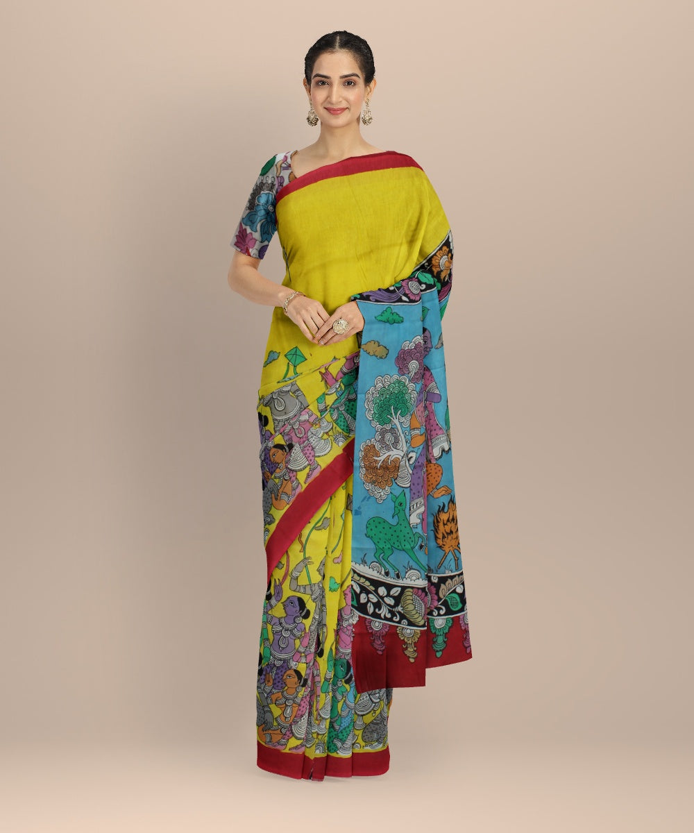 Yellow multicolour silk hand painted kalamkari saree