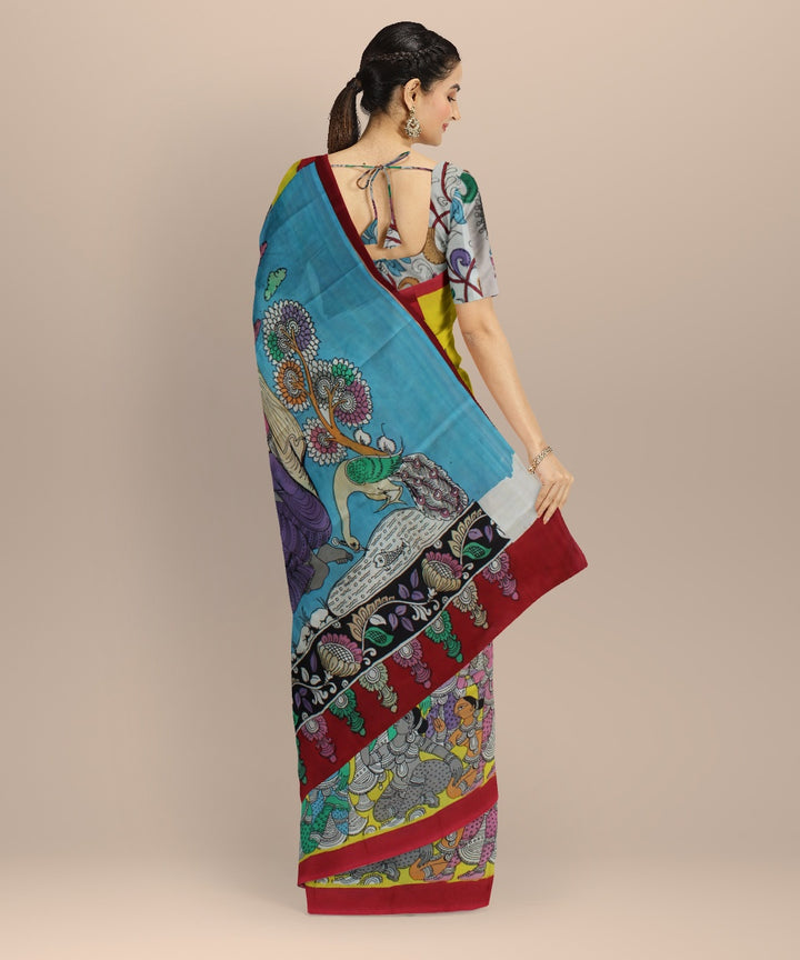 Yellow multicolour silk hand painted kalamkari saree