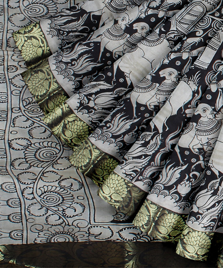 Black offwhite hand painted kalamkari silk saree