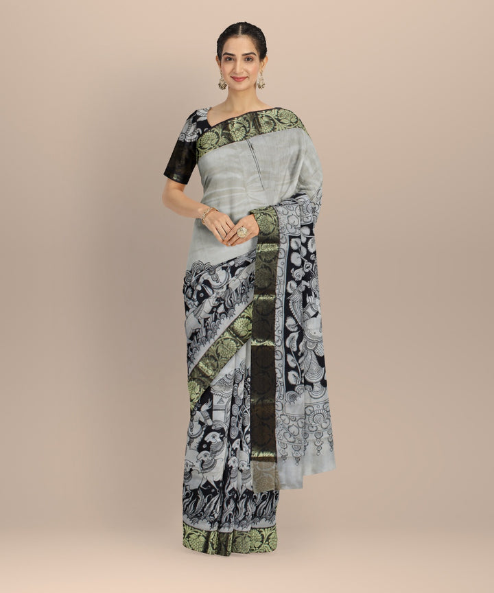 Black offwhite hand painted kalamkari silk saree