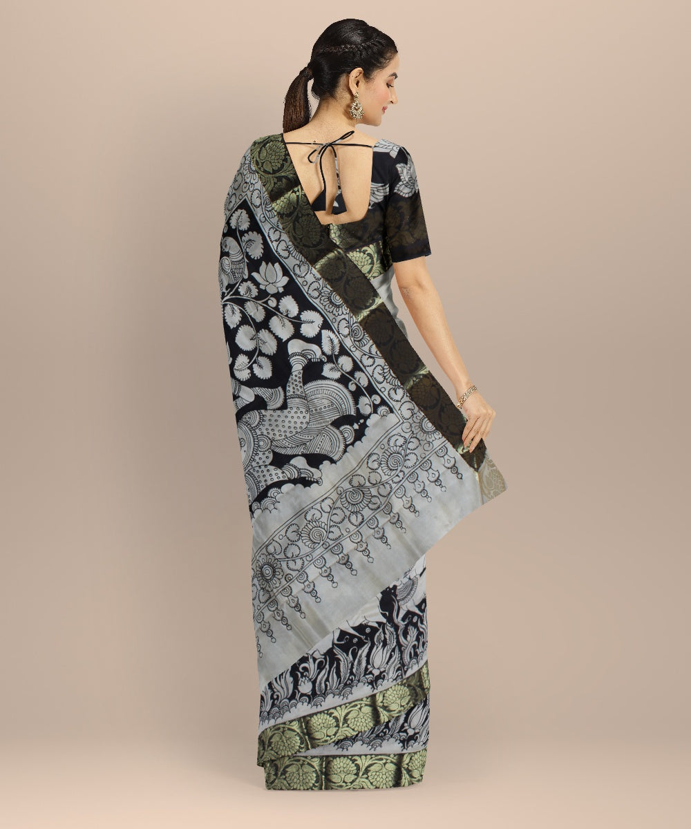 Black offwhite hand painted kalamkari silk saree