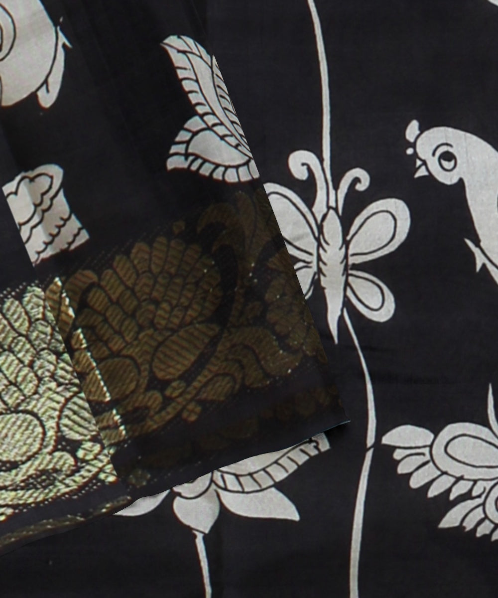 Black offwhite hand painted kalamkari silk saree