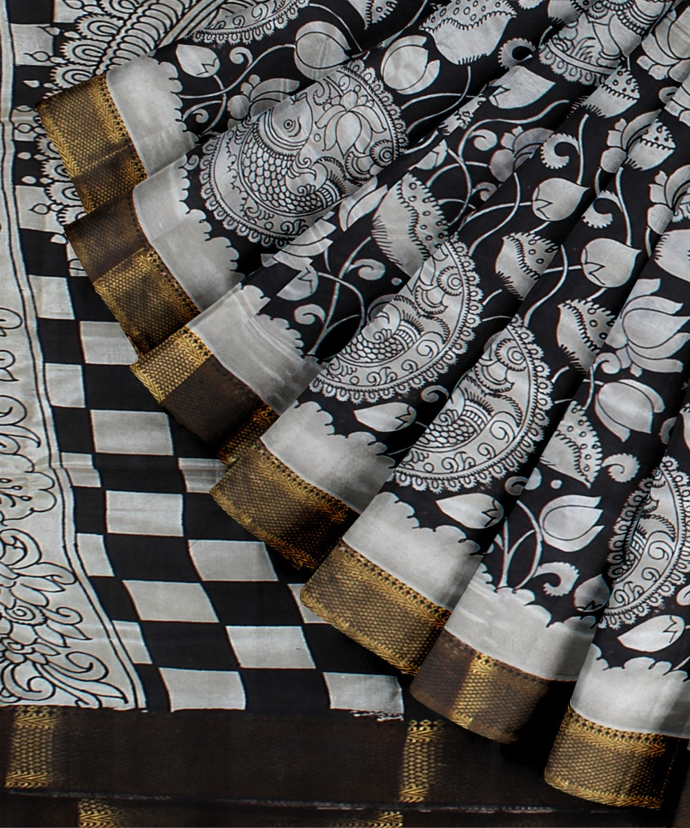 Black offwhite hand painted silk kalamkari saree