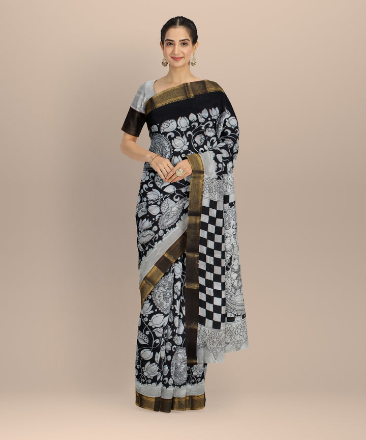 Black offwhite hand painted silk kalamkari saree