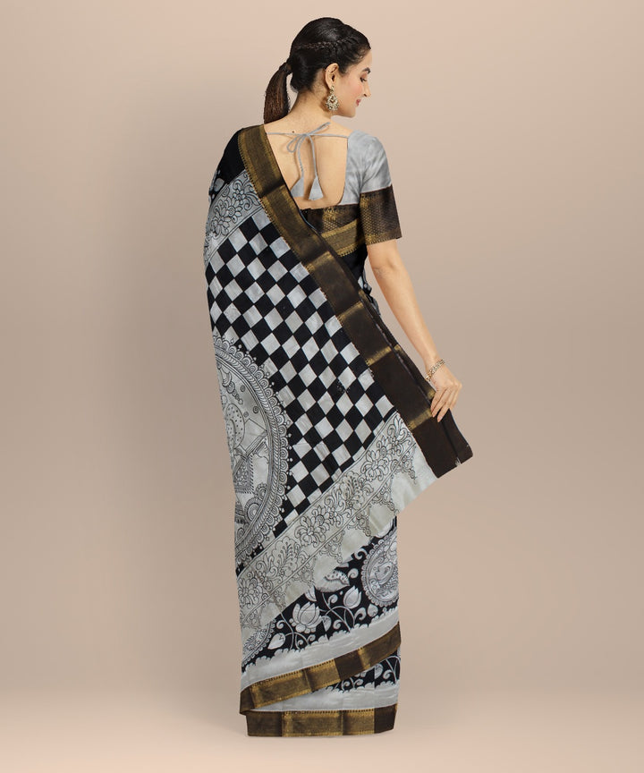 Black offwhite hand painted silk kalamkari saree