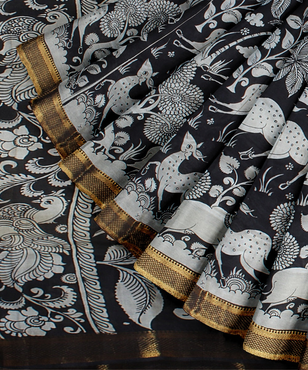 Black white hand painted silk kalamkari saree