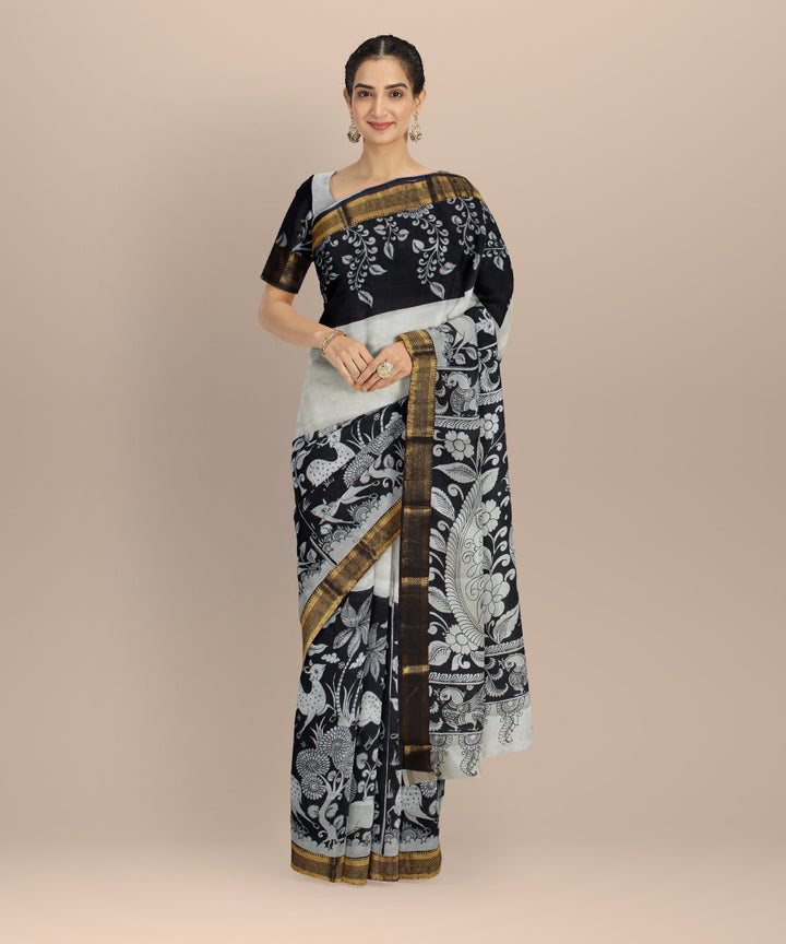 Black white hand painted silk kalamkari saree