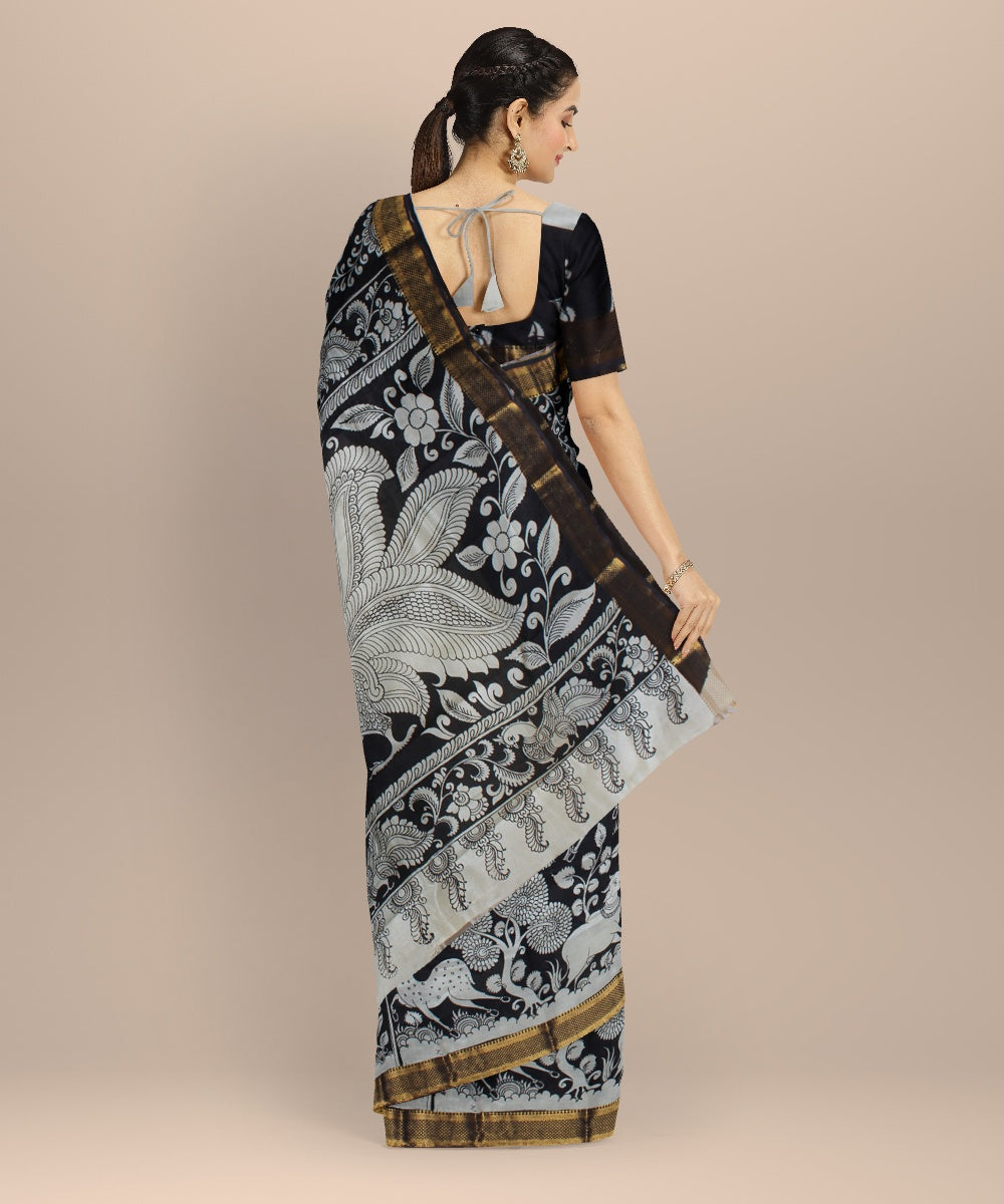 Black white hand painted silk kalamkari saree