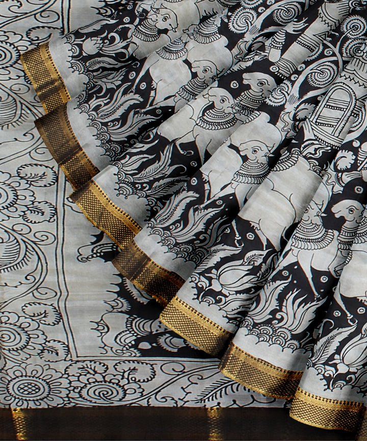 Black white silk hand painted kalamkari saree