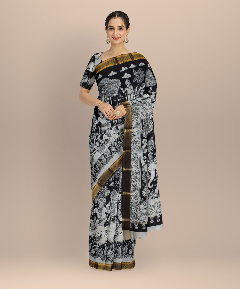 Black white silk hand painted kalamkari saree