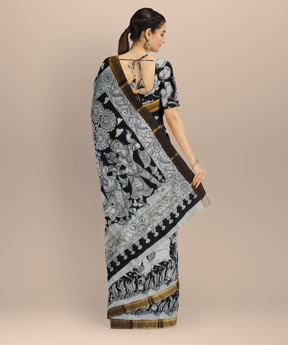 Black white silk hand painted kalamkari saree