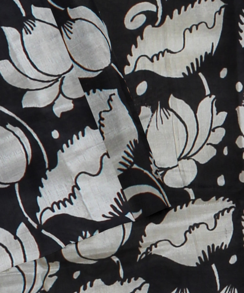 Black white silk hand painted kalamkari saree