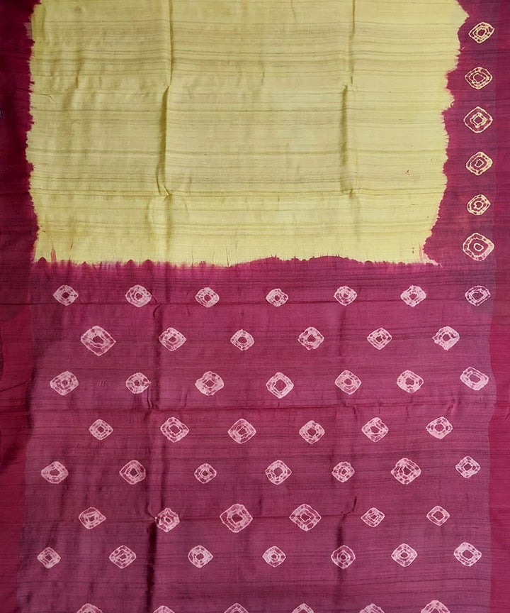 Cream maroon tussar silk hand printed gopalpur saree