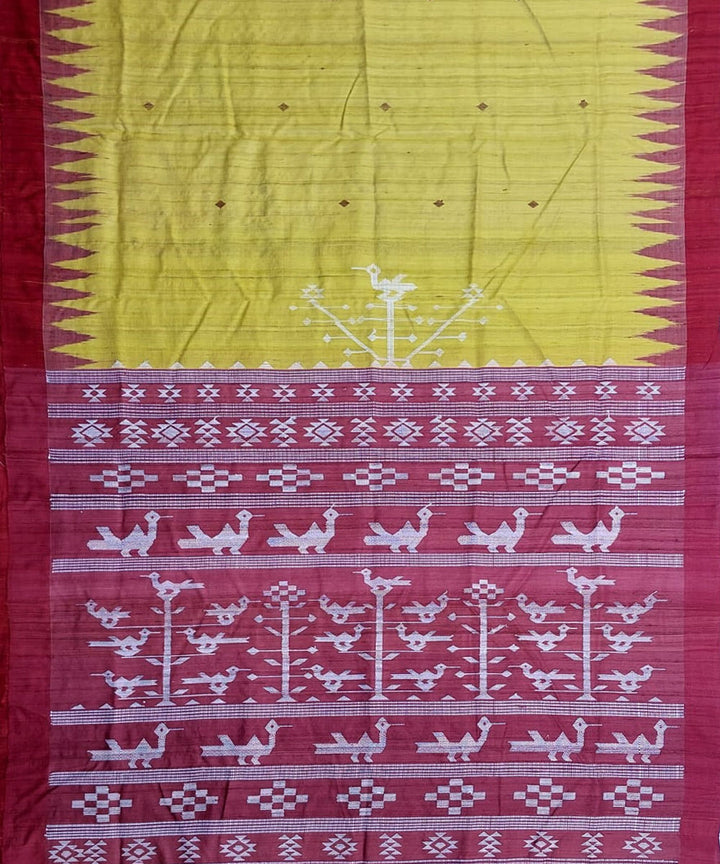 Yellow maroon tussar silk handloom gopalpur saree