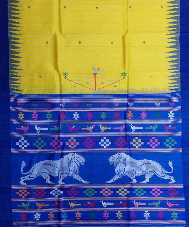 Yellow navy blue tussar silk handloom gopalpur saree