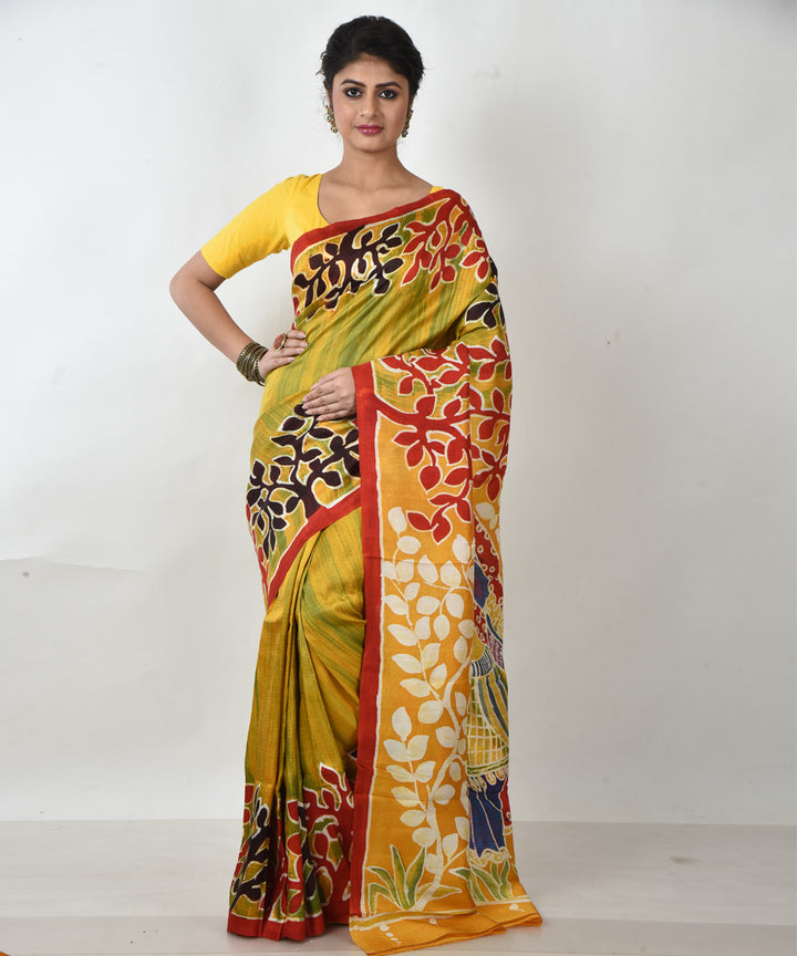 Yellow multicolor pallu silk hand printed batik print saree