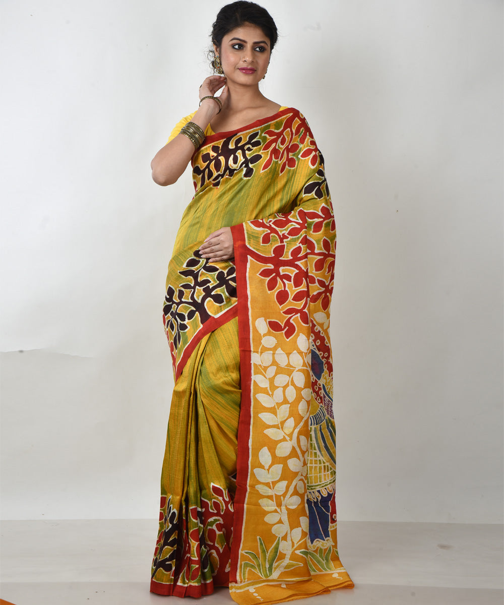 Yellow multicolor pallu silk hand printed batik print saree