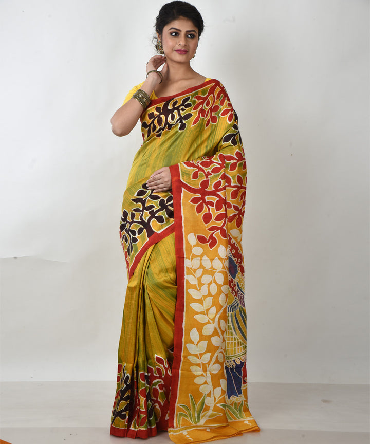 Yellow multicolor pallu silk hand printed batik print saree