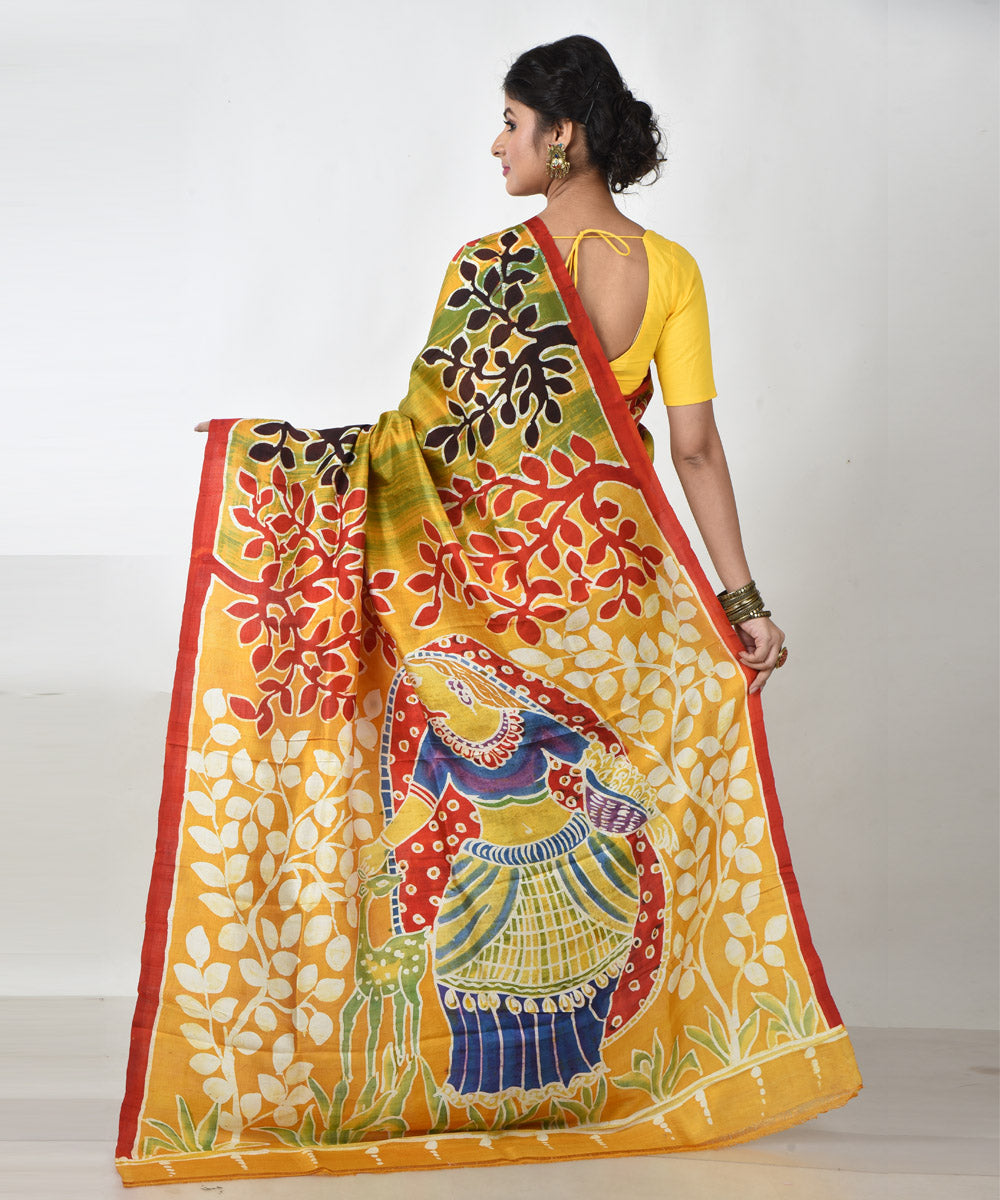 Yellow multicolor pallu silk hand printed batik print saree