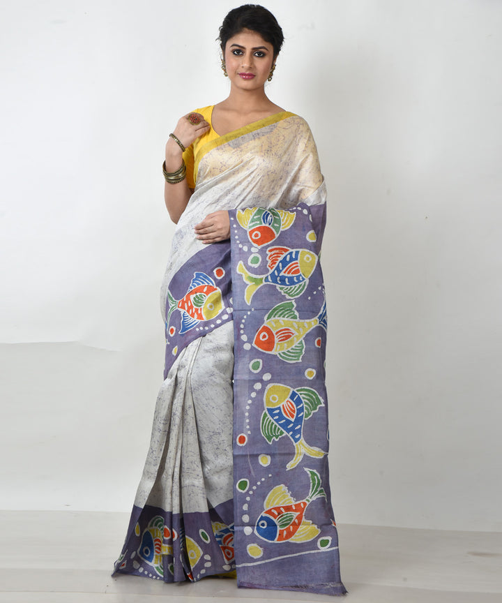 Lavender fish motif pallu silk hand printed batik print saree