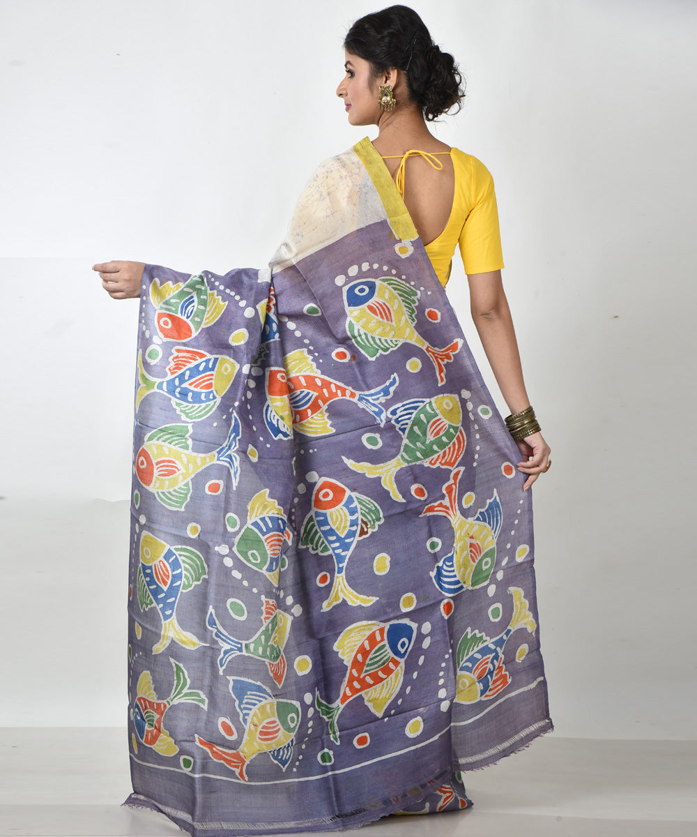 Lavender fish motif pallu silk hand printed batik print saree