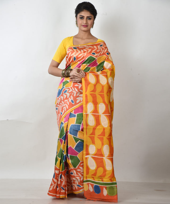 Multicolor with orange pallu silk hand printed batik print saree