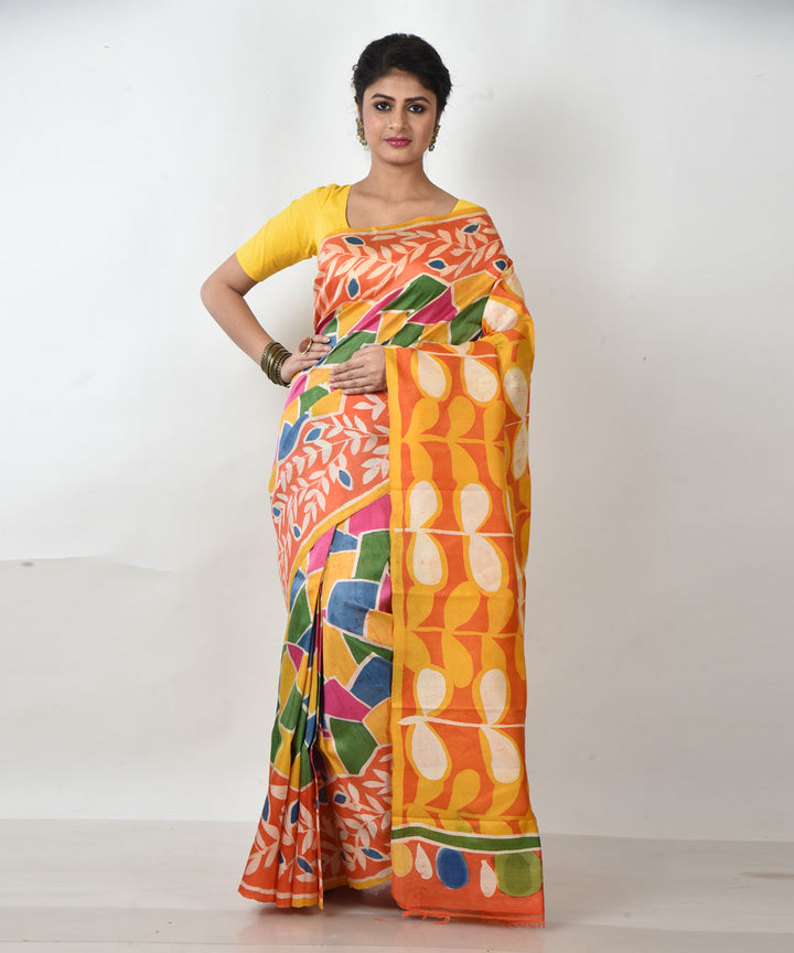 Multicolor with orange pallu silk hand printed batik print saree