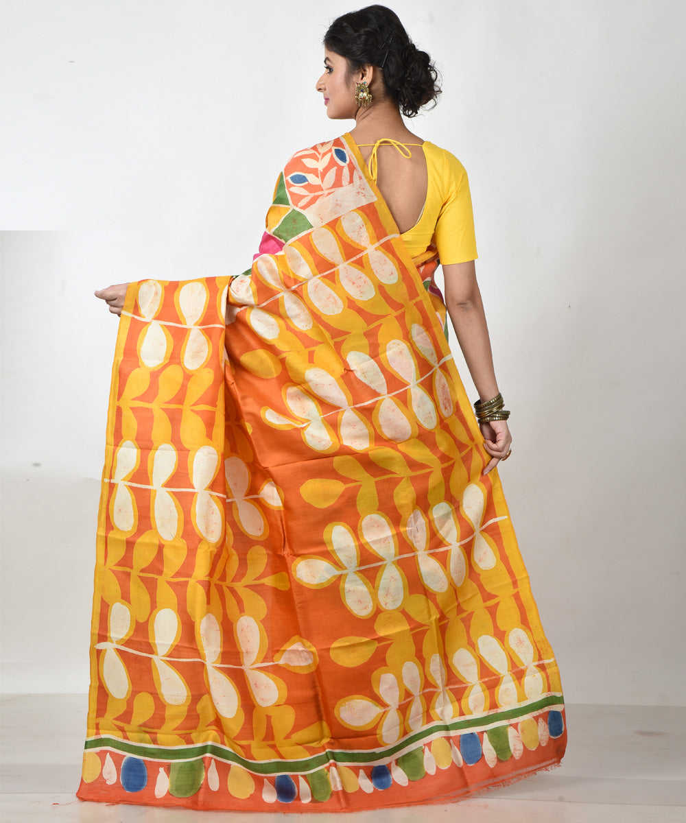 Multicolor with orange pallu silk hand printed batik print saree
