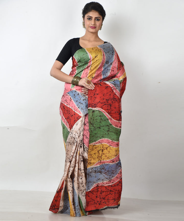 Multicolor silk hand printed batik print saree