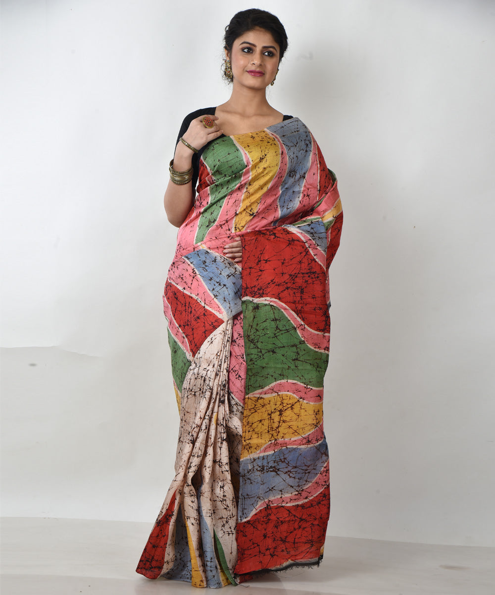 Multicolor silk hand printed batik print saree
