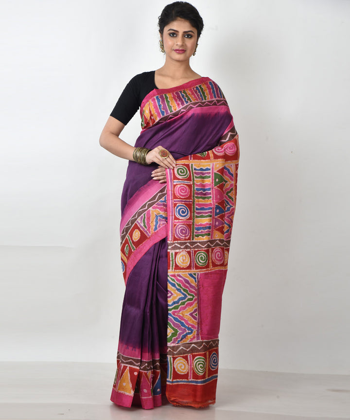 Purple multicolor pallu silk hand printed batik print saree