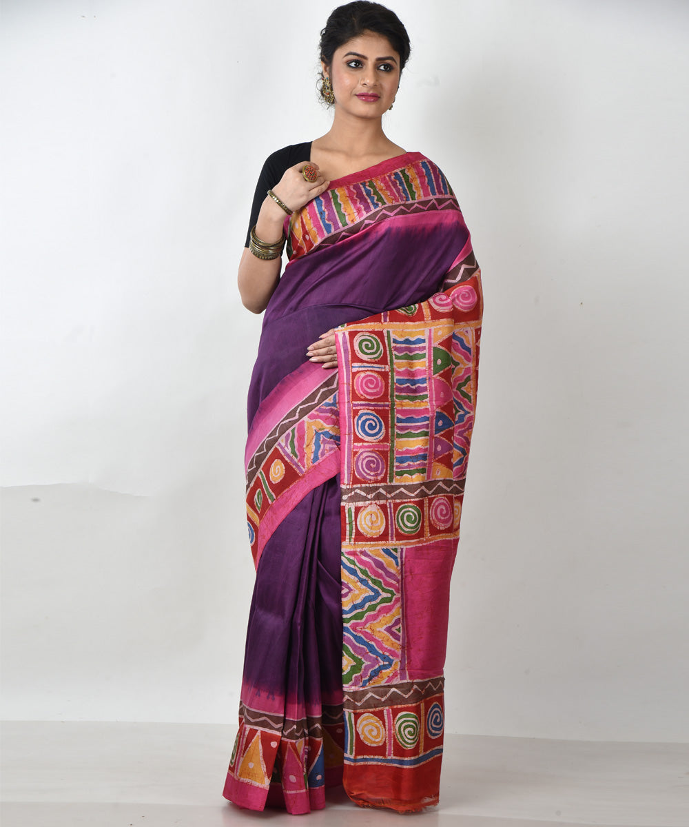 Purple multicolor pallu silk hand printed batik print saree