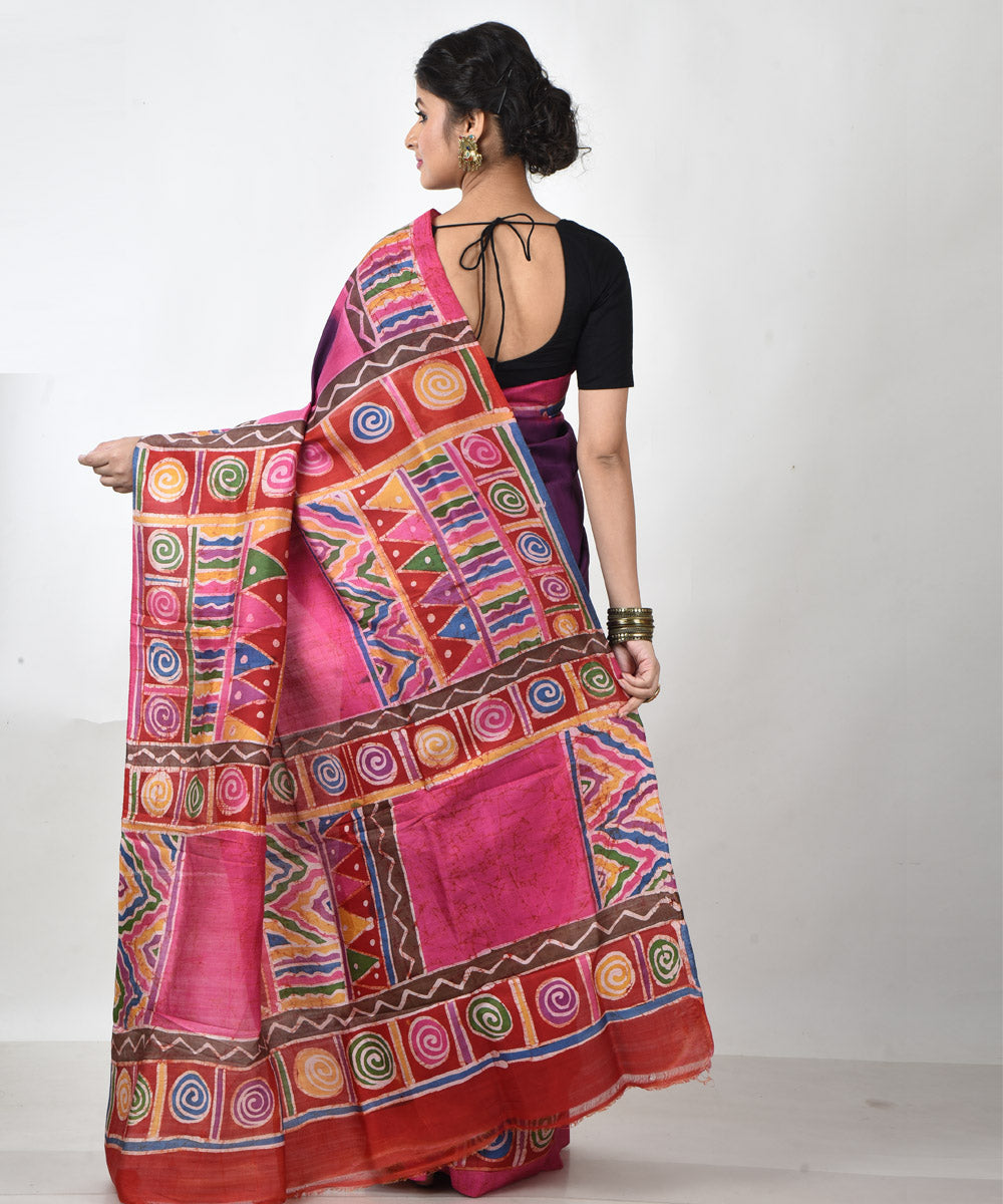 Purple multicolor pallu silk hand printed batik print saree