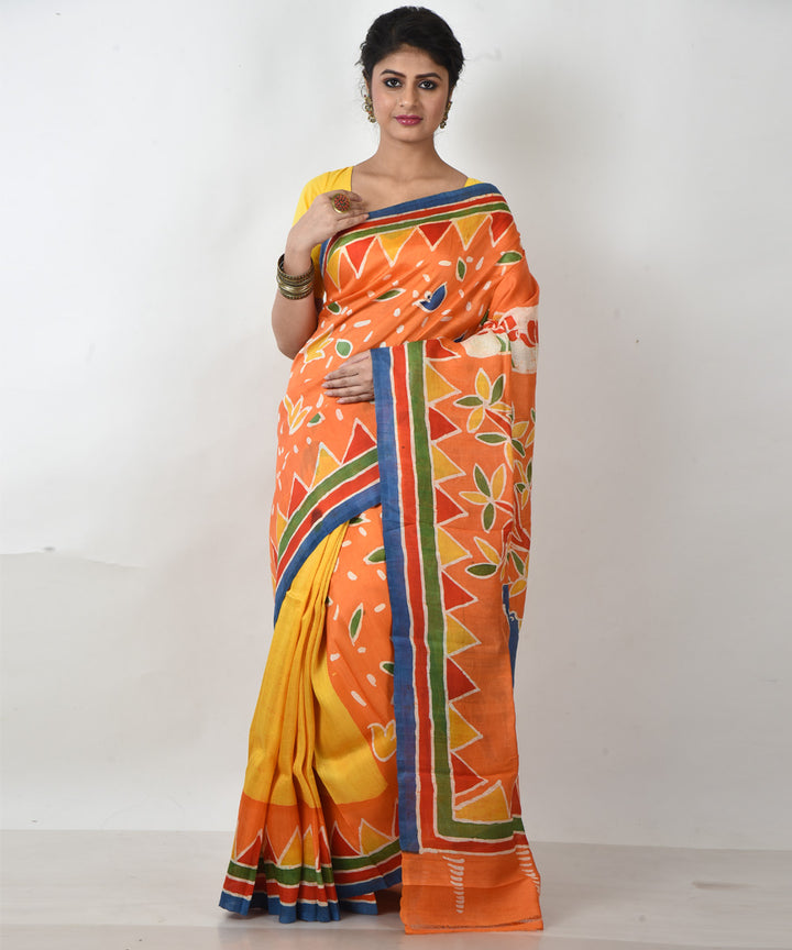 Yellow multicolor silk hand printed batik print saree