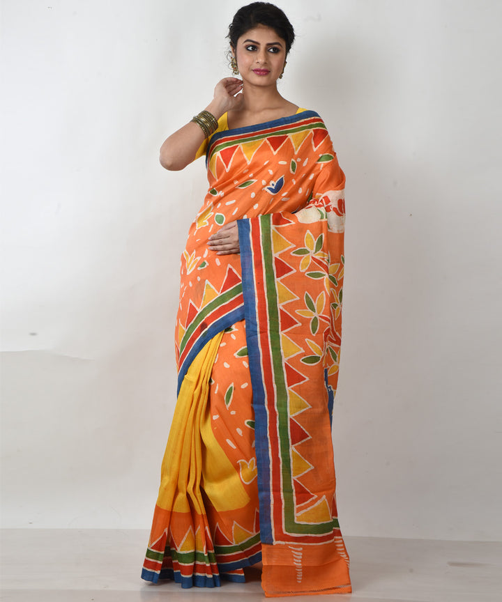 Yellow multicolor silk hand printed batik print saree